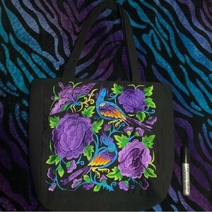 Black and purple embroidered tote bag with a touch of boho charm